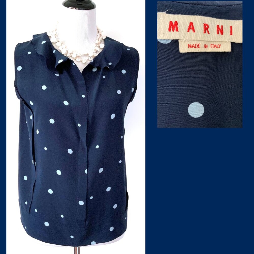 MARNI Navy Blue Polka Dot Sleeveless Blouse Ruffle Neck Sz 44 (M) - Picture 2 of 16